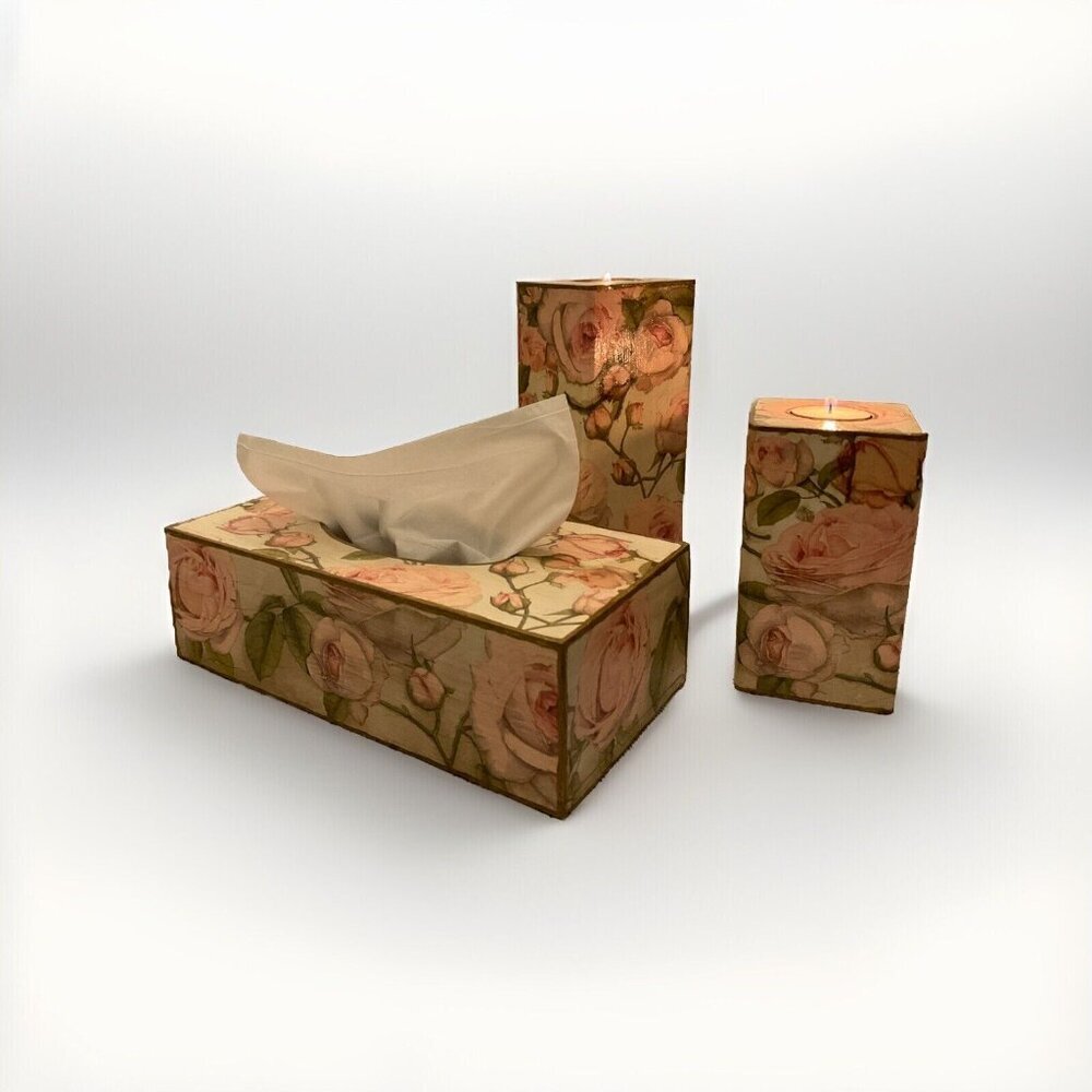 Handmade Wooden Pink Rose Candle Holders And Refillable Tissue Box Set - Picture 3 of 5